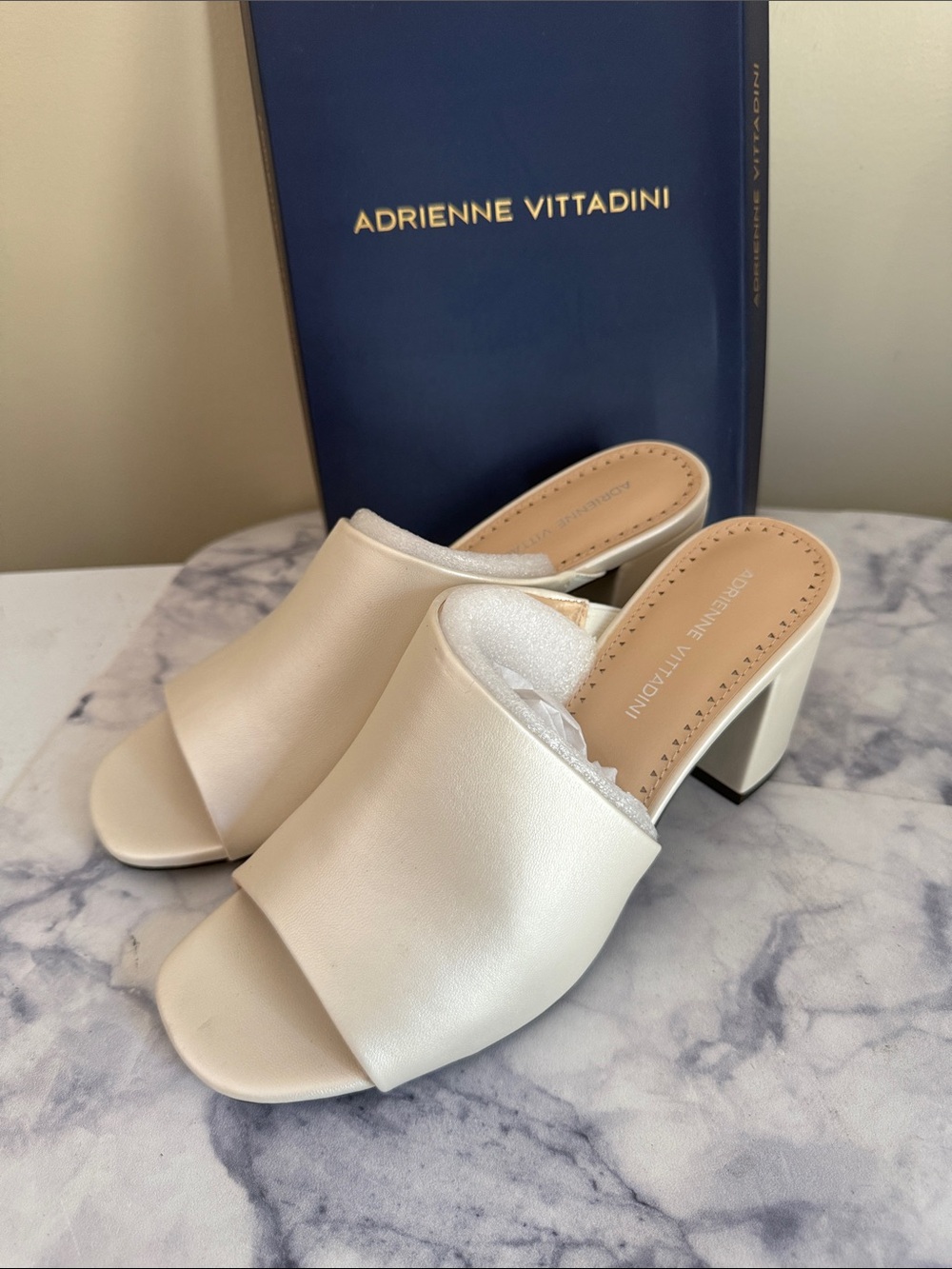 Adrienne Vittadini Cream Open-Toe Block Heel Mules